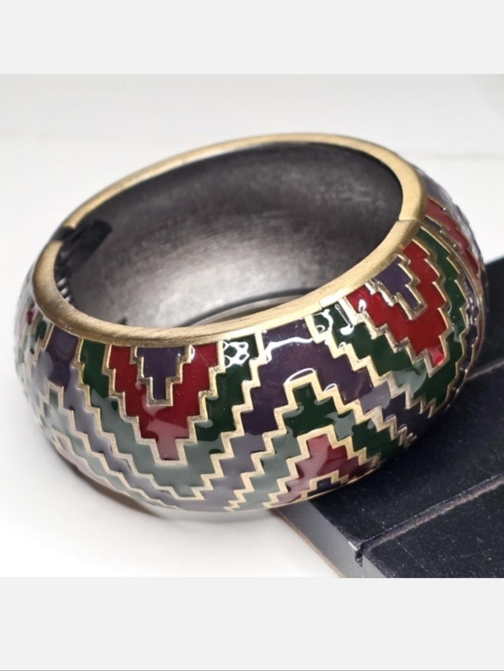 Aztec Jewel Tone Enameled Southwestern Boho Wide Cuff Bracelet Vintage Jewelry